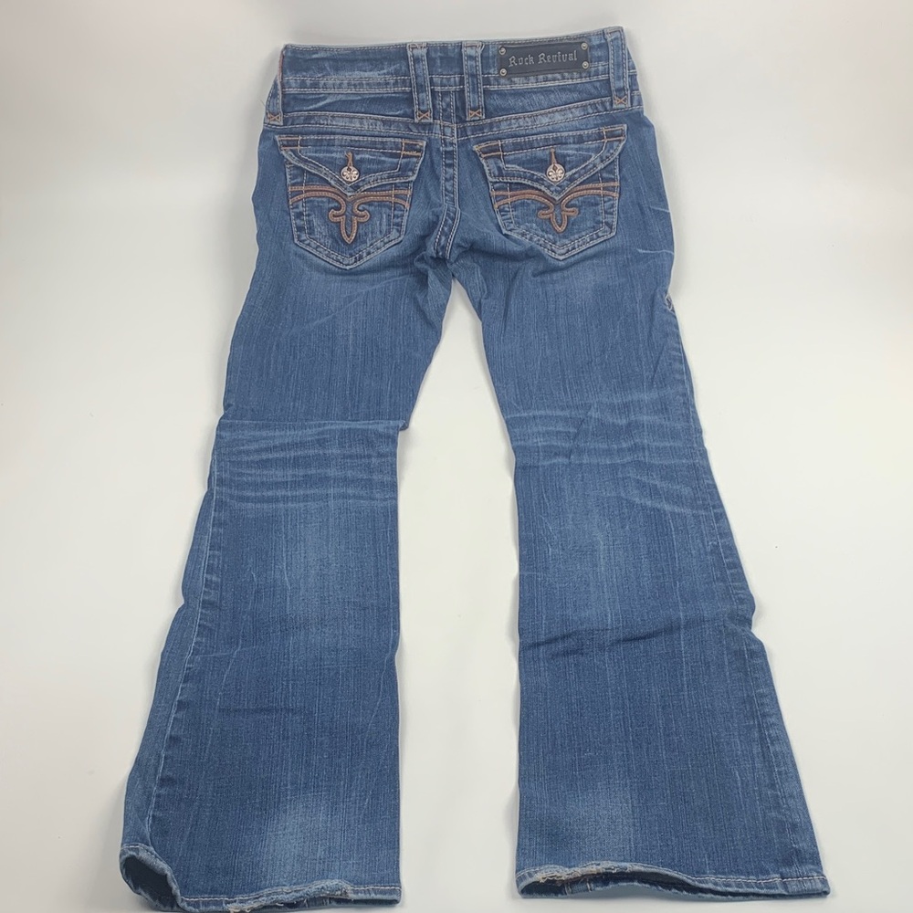 Rock Revival Noelle Bootcut Blue Jeans Embroidered Pockets Size 28 stretch